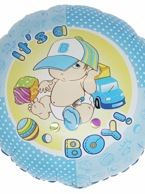 Okrągły niebieski foliowy balon z napisem It's a boy