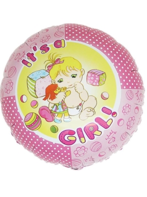 Okrągły różowy foliowy balon z napisem It's a girl