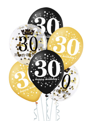 Zestaw balonów na 30-ste urodziny, złoto-czarne, konfetti
