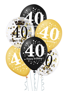 Zestaw balonów na 40 urodziny złoto-czarny, z konfetti