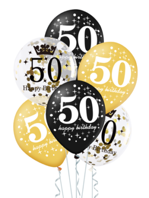 Zestaw balonów na 50 urodzny złoty - czarny z konfetti