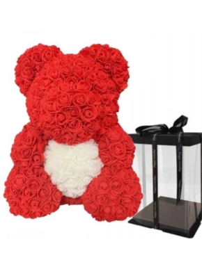 Miś z róż z białym sercem w pudełku