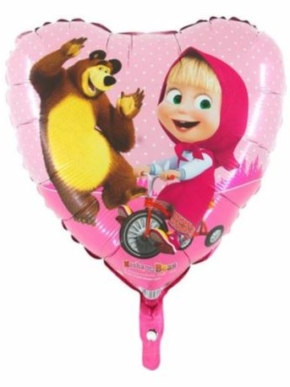 Balon foliowy Masza na rowerze i niedźwiedź w kształcie serca 18"