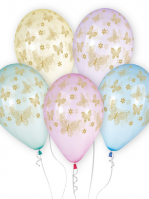 Balony lateksowe przezroczyste ze złotymi motylami