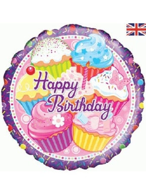 Balon foliowy okrągły Happpy Birthday babeczki