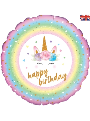 Balon foliowy okrągły jednorożec Happy birthday