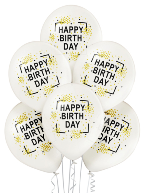 Balony lateksowe z nadrukiem Happy Birthday białe metaliczne