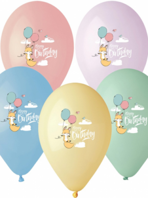 Balony lateksowe Happy Birthday z liskiem z balonami
