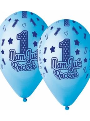 Balony lateksowe niebieskie z nadrukiem cyfry 1 i napisem Mam już roczek