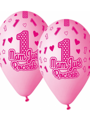 Balony lateksowe różowe z nadrukiem cyfry 1 i napisem Mam już roczek
