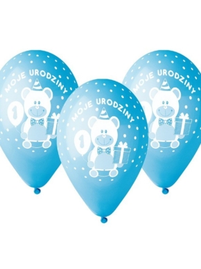 Balon lateksy niebieski z białym nadrukiem moje urodziny z misiem i cyfrą 1