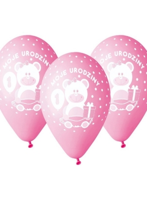 Balony lateksowe różowe z białym nadrukiem Moje urodziny Misiem z 1 i cyfrą