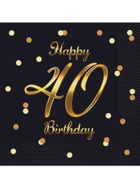 Serwetki Happy 40 Birthday, czarne ze złotym nadrukiem