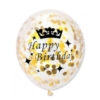 Balony lateksowe przezroczyste z złotym konfetti i napisem Happy Birthday