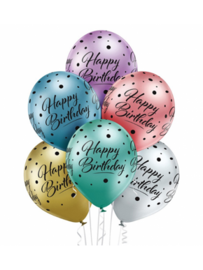 w kolorze różowego złota, złota, srebra, zieleni, fioletu oraz niebieskim z czarnym napisem Happy Birthday.