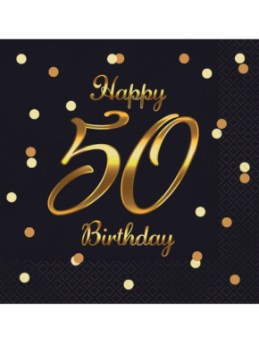 Serwetki Happy 50 Birthday, czarne ze złotym nadrukiem