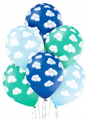 Balony lateksowe w kolorze jasnoniebieskim, niebieskim i zielonym z nadrukiem białych chmurek
