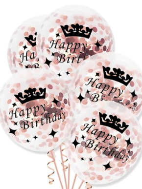Balony lateksowe transparentne z konfetti różowe złoto i napisem Happy Birthday