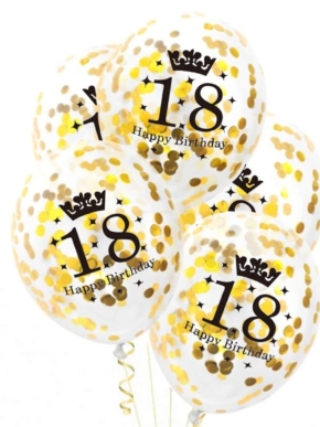 Balony lateksowe transparentne ze złotym konfetti z napisem 18 Happy Birthday