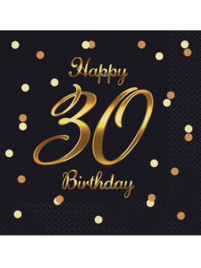 Serwetki Happy 30 Birthday, czarne ze złotym nadrukiem