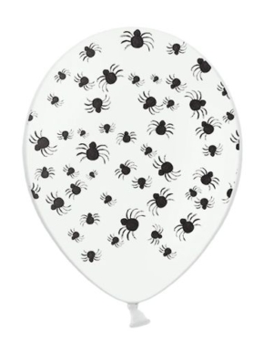 Balon lateksowy biały z nadrukiem czarnych pająków
