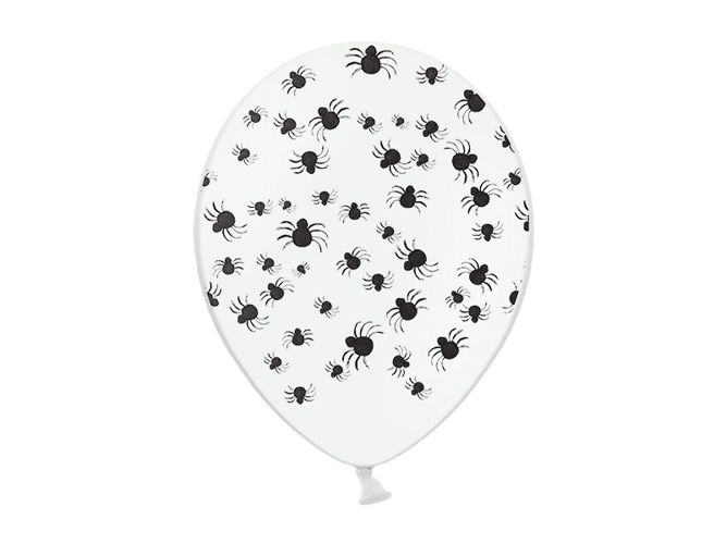 Balon lateksowy biały z nadrukiem czarnych pająków