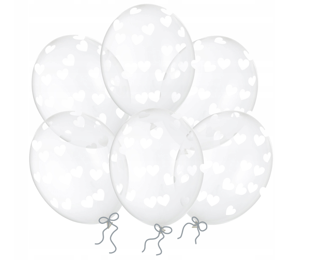 Balony przezroczyste w białe serduszka bukiet