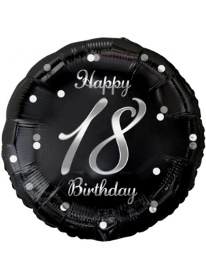 Balon foliowy okrągły czarny z srebrnym napisem Happy 18 Birthday