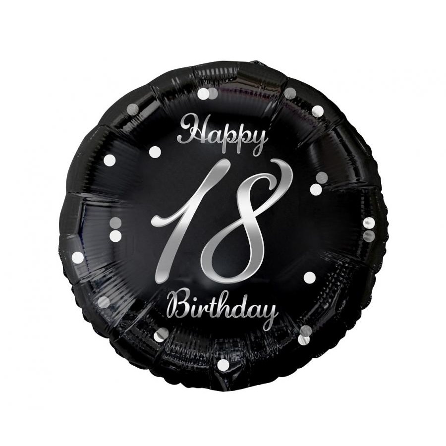Balon foliowy okrągły czarny z srebrnym napisem Happy 18 Birthday