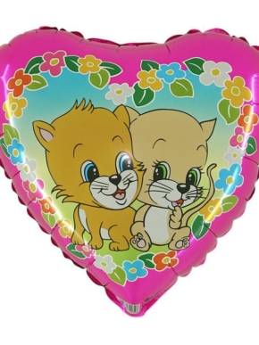 balon foliowy w kształcie serca z nadrukiem dwóch małych kotków