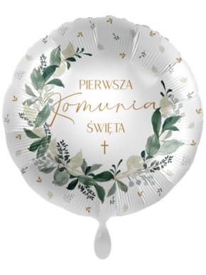 Balon Foliowy Pierwsza Komunia Święta + otoczka z zielonych liści