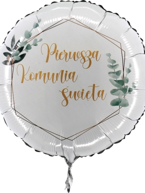 balon foliowy Pierwsza Komunia Święta srebrny i zielone gałązki