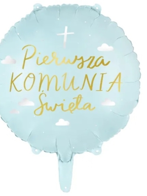 balon foliowy Pierwsza Komunia Święta miętowo satynowy w srebrne chmurki