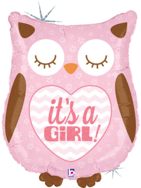 balon foliowy różowa sowa z napisem it's a girl