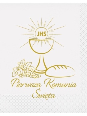 serwetki papierowe z złotym nadrukiem Pierwsza Komunia Święta - Kielich i chleb.