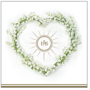 serwetki papierowe komunijne , serce z konwalii i złoty nadruk IHS