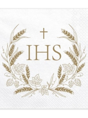 Serwetki papierowe IHS białe ze złotym nadrukiem.