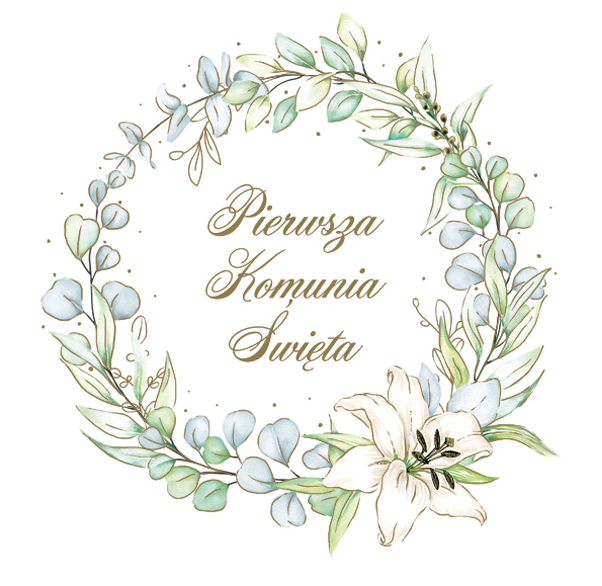 serwetki papierowe z złotym nadrukiem Pierwsza Komunia Święta z lilią i gałązką oliwną