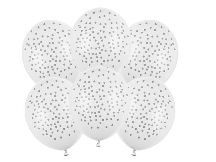 balon lateksowy pastelowy biały w złote kropki