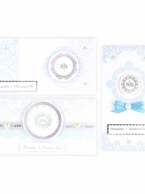 Pudełko - Banknotówka Pamiątka Pierwszej Komunii Świętej niebieskie kwiaty