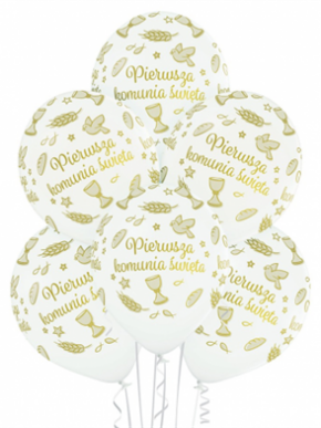 Balon Pierwsza Komunia Święta biały pastelowy i złoty nadruk