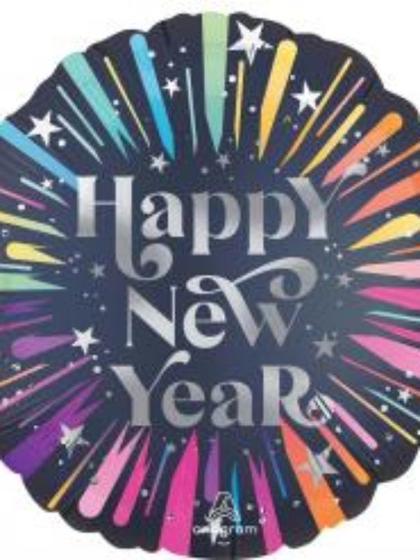 balon foliowy HAPPY NEW YEAR GRANATOWY W KOLOROWE BRZEGI