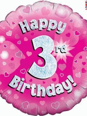 Balon foliowy Happy 3 Birthday HOLO różowy