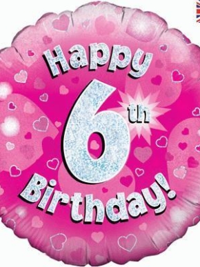 Balon foliowy Happy 6 Birthday HOLO różowy